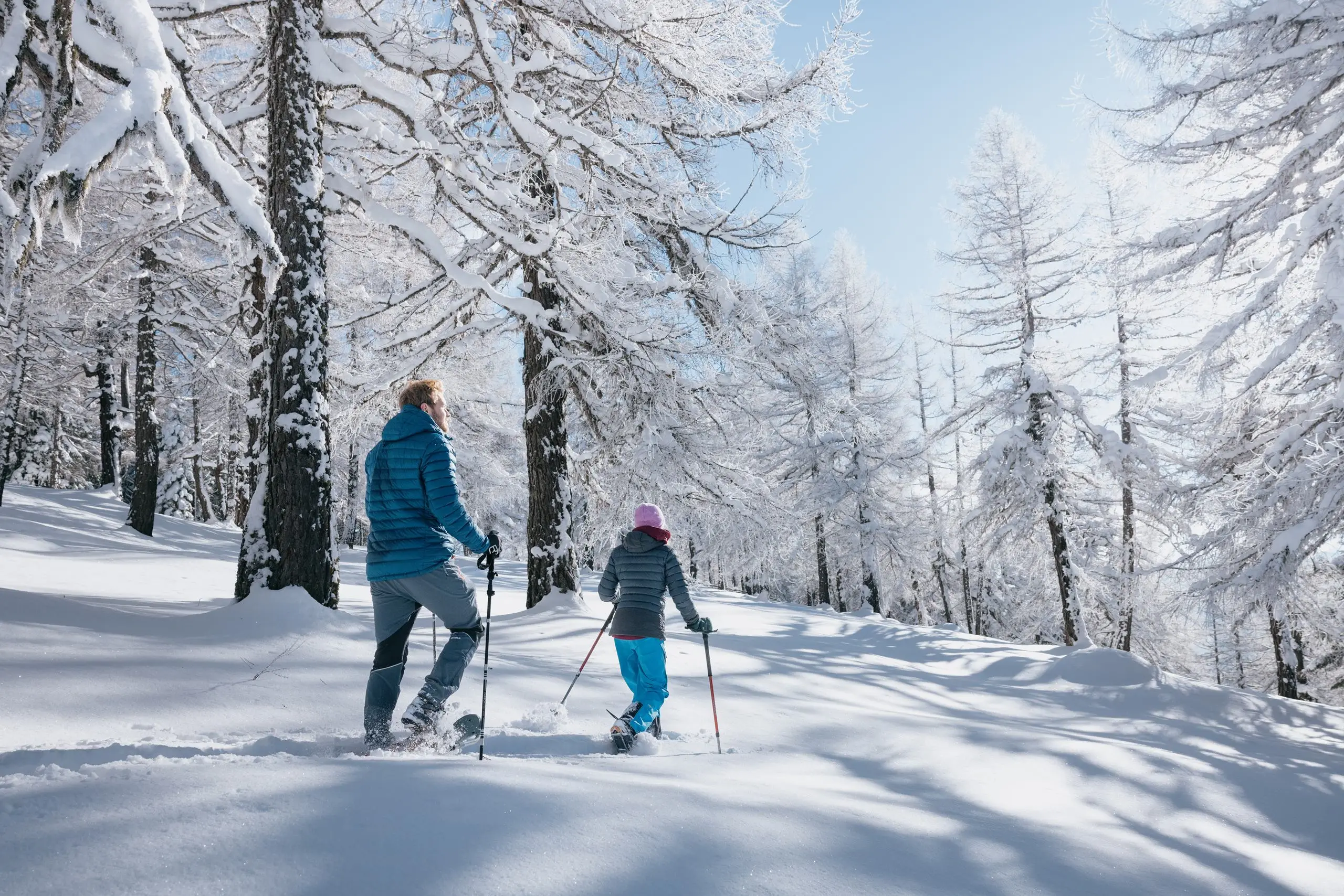 Schneeschuhwanderer zwischen verschneiten Lärchen im Stubaital